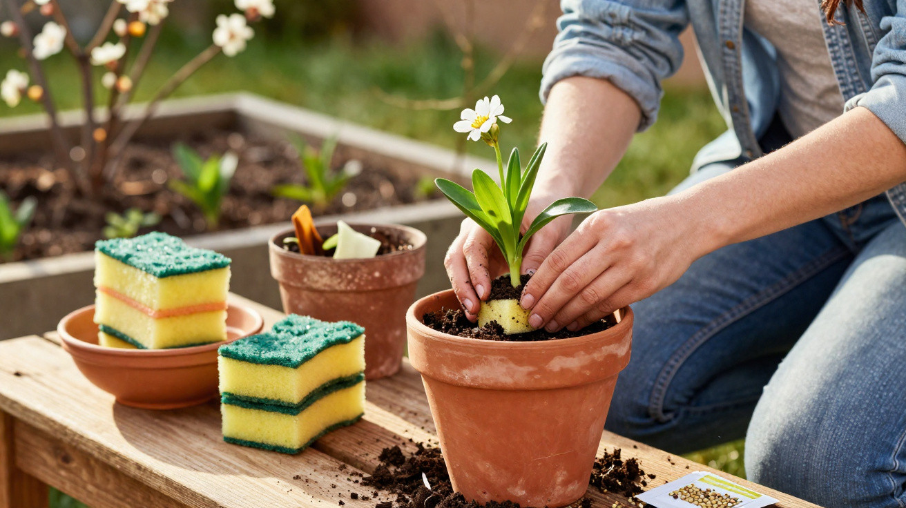 Person pflanzt eine Blume in einen Tontopf auf einem Holztisch im Garten bei Sonnenschein.