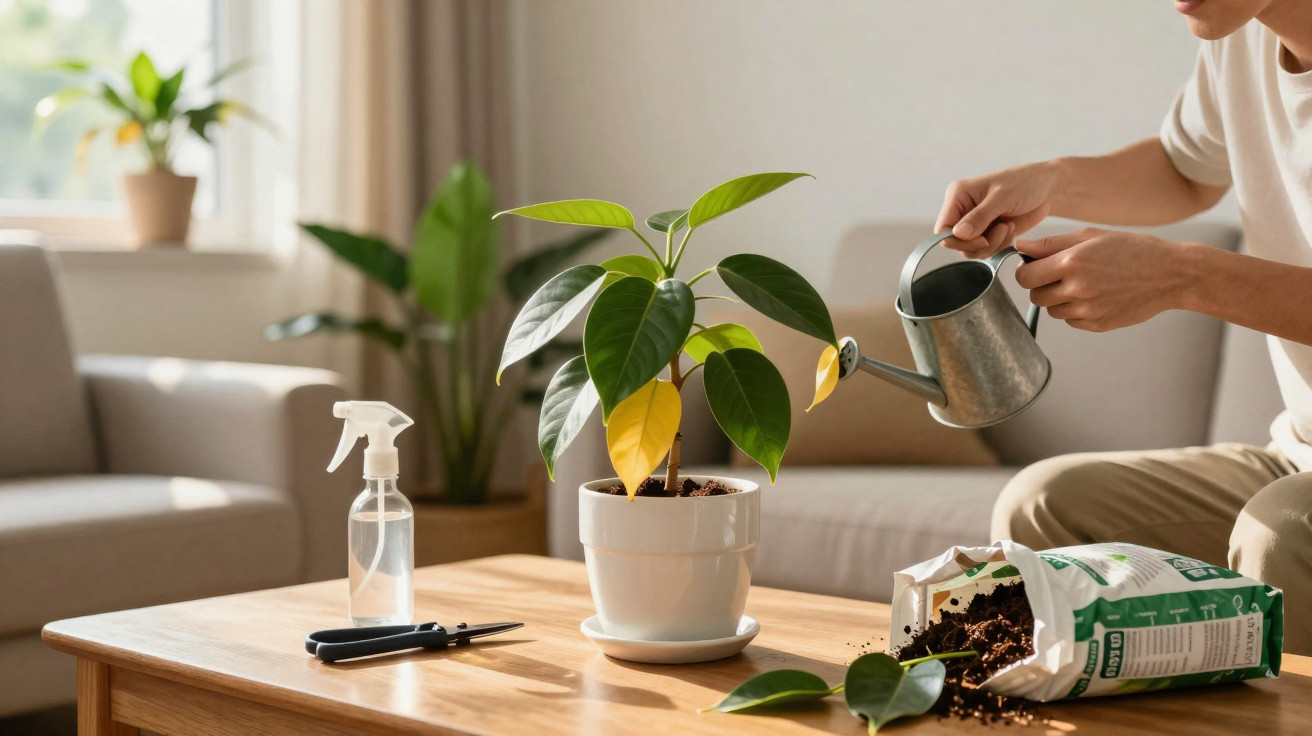 Person gießt Zimmerpflanze mit Gießkanne, Erde und Gartenschere auf Holztisch im Wohnzimmer