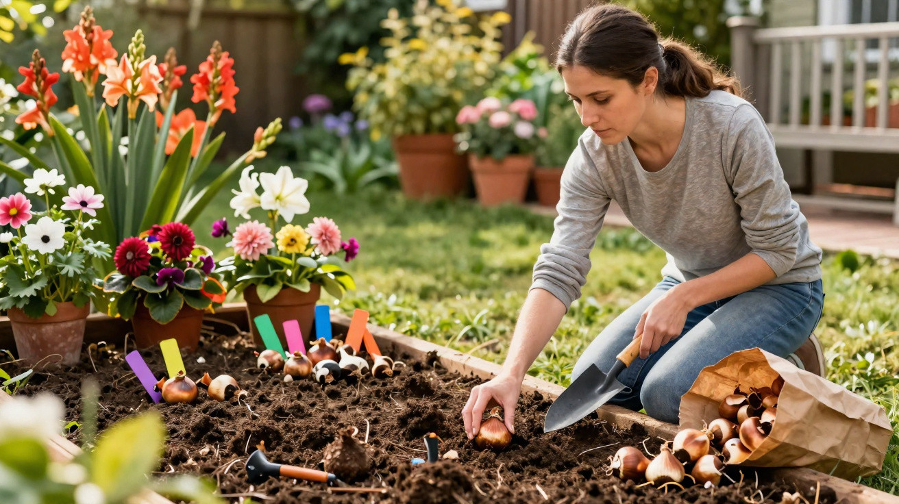 Frau pflanzt Blumenzwiebeln in einem Gartenbeet, umgeben von bunten Blumentöpfen.