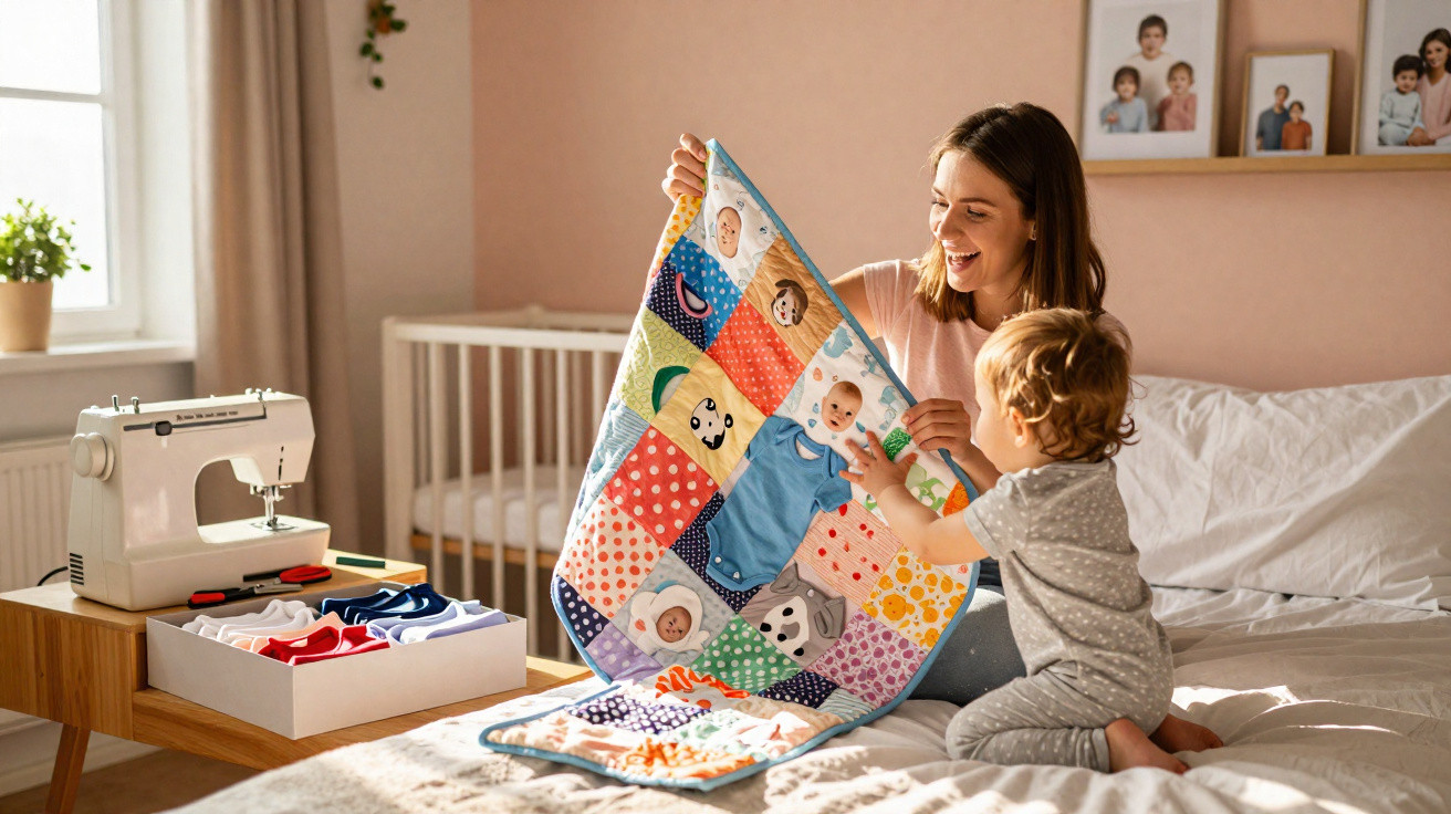 Mutter und Kind betrachten lebensfarbenes Babyquilt im Schlafzimmer mit Nähmaschine auf Tisch nebenan.