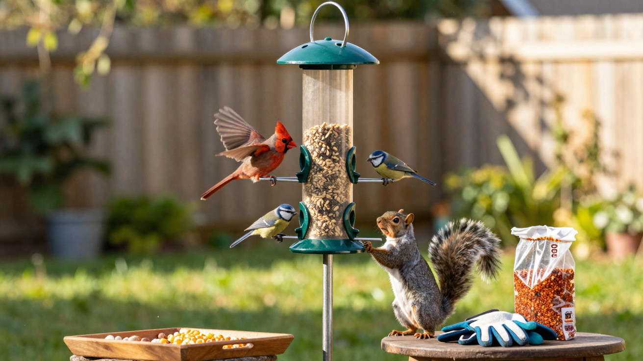 Eichhörnchen und verschiedene Vögel fressen an einem Vogelhäuschen im Garten bei Sonnenschein.