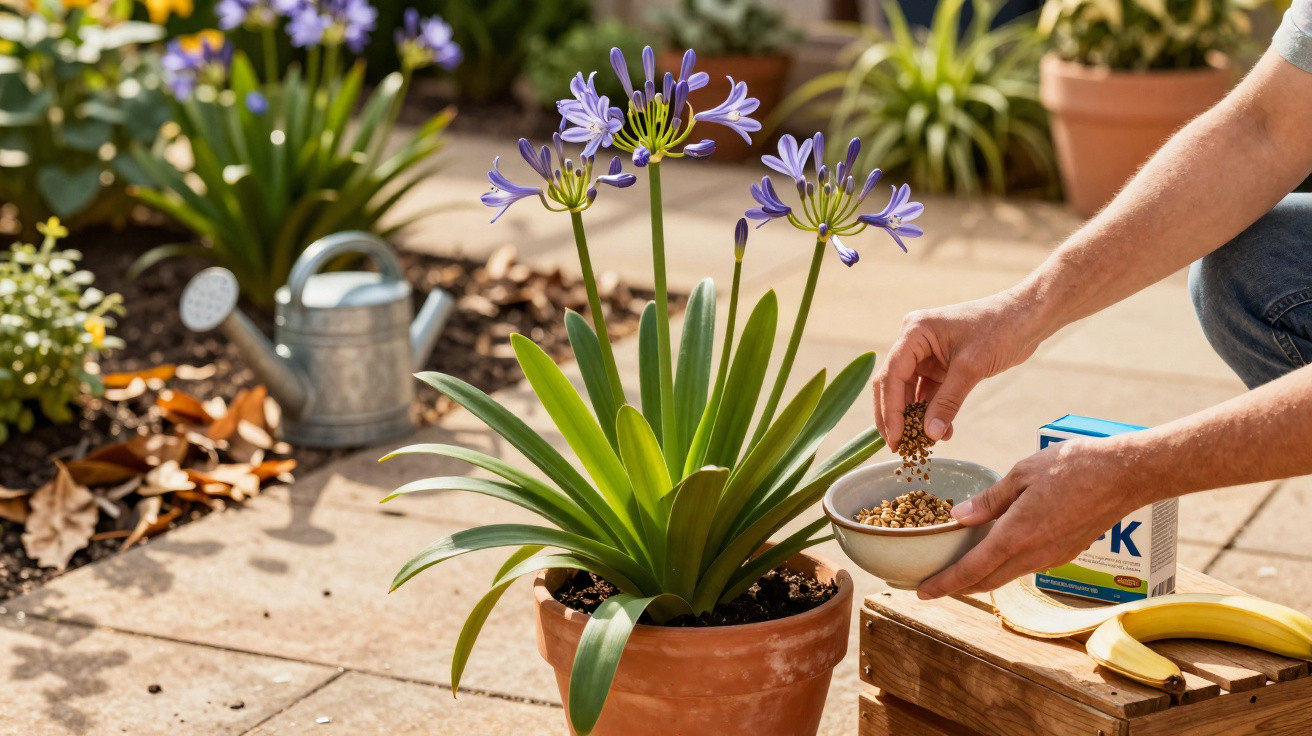 Blühende Agapanthus-Pflanze in Terrakottatopf, neben Gießkanne und Händen mit Dünger im Garten.