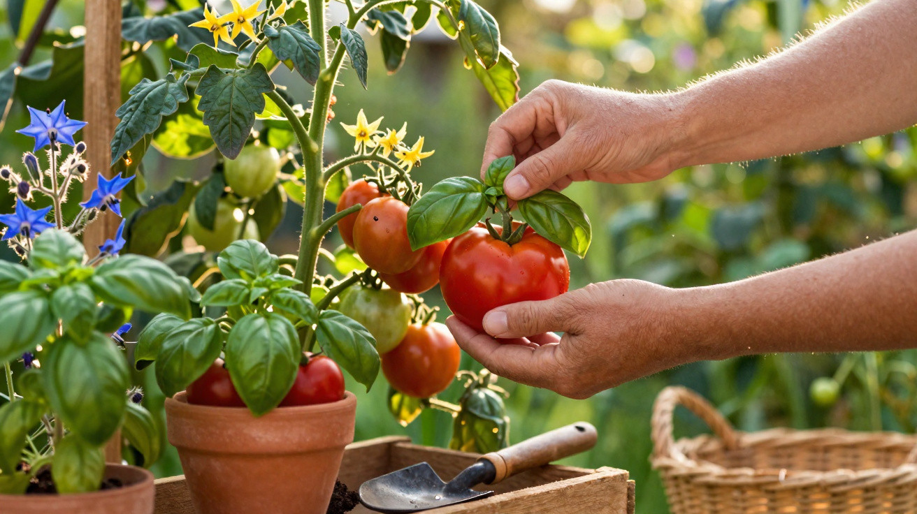 Zwei Hände ernten eine reife Tomate an einer Pflanze, umgeben von Basilikum und Gartenwerkzeug.