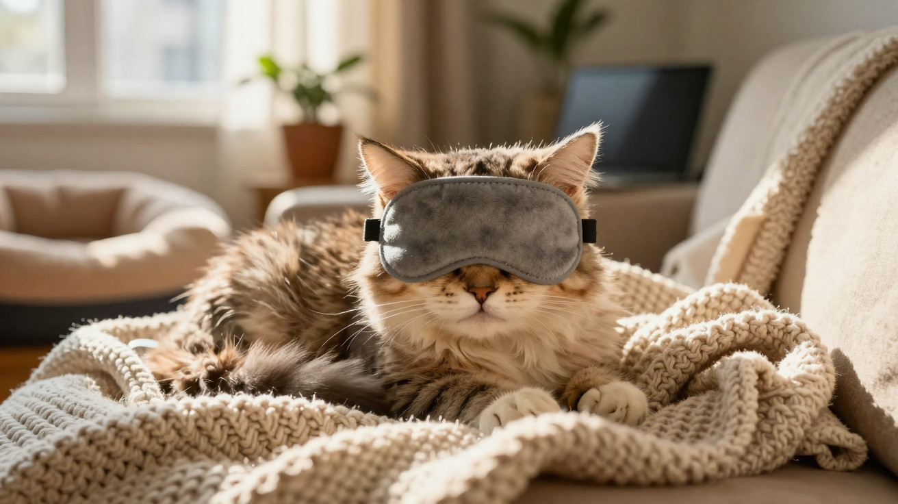Katze liegt auf einer Decke auf dem Sofa und trägt eine graue Schlafmaske.