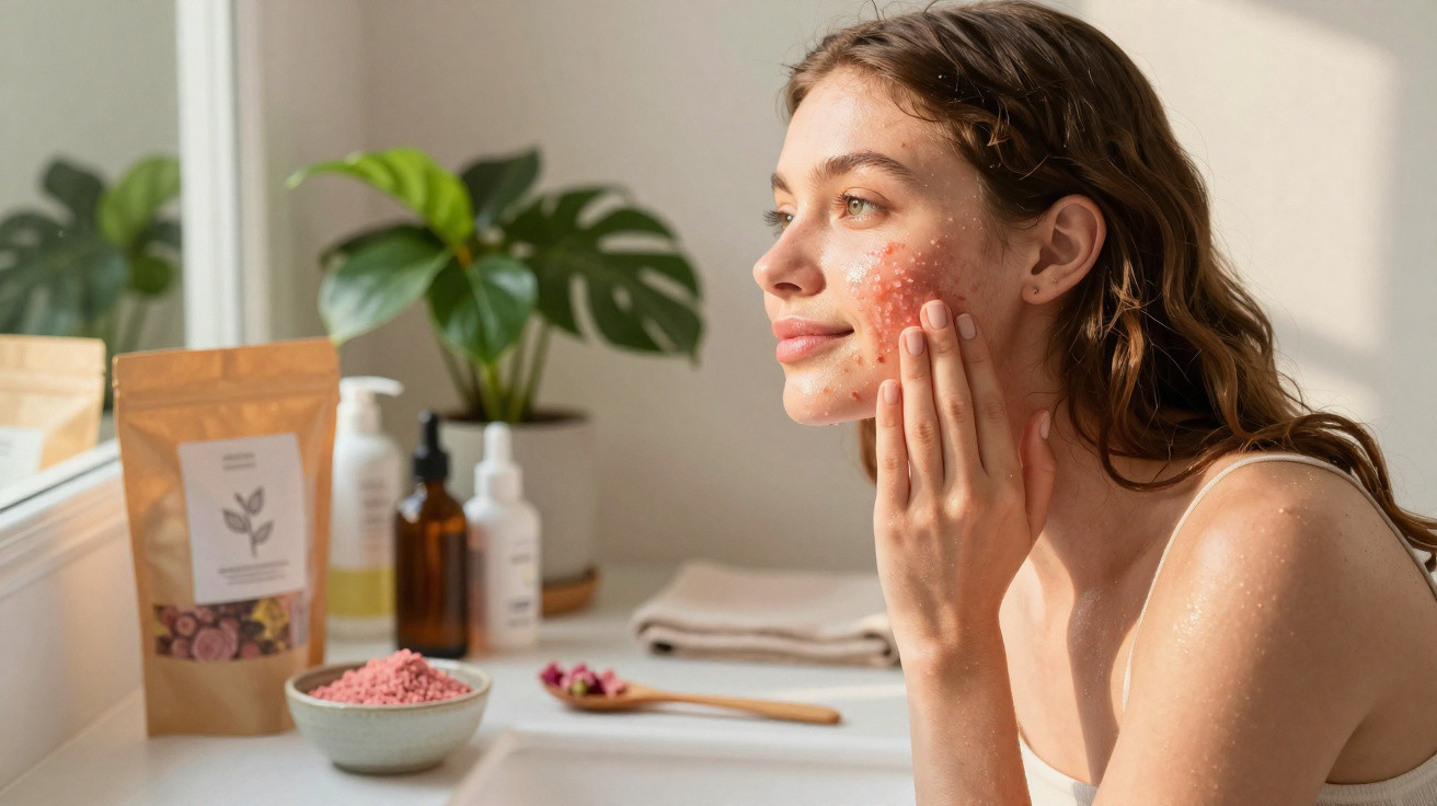 Frau trägt Gesichtsmaske mit Peeling im Badezimmer, Sonnenlicht fällt auf ihr Gesicht und Pflanzen im Hintergrund.