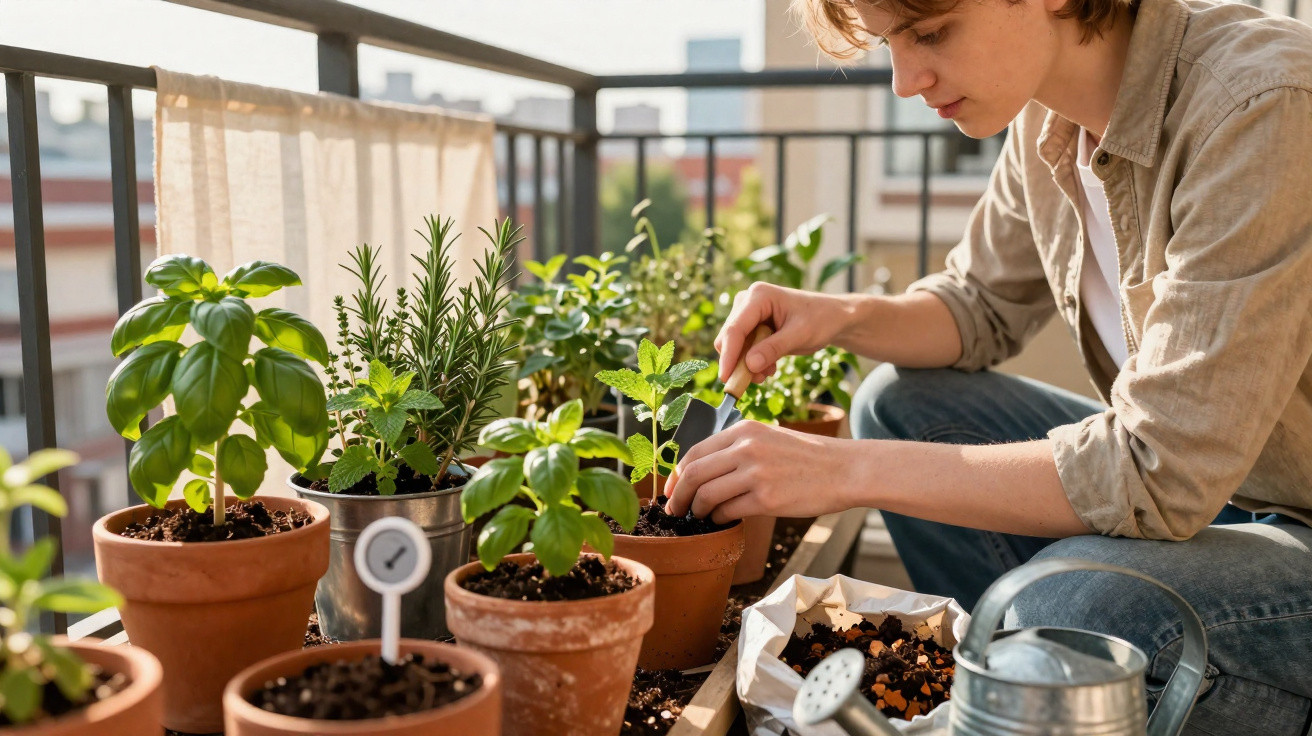 Junge Person pflegt Kräuterpflanzen auf einem Balkon mit Gartengeräten und Erde in Blumentöpfen.