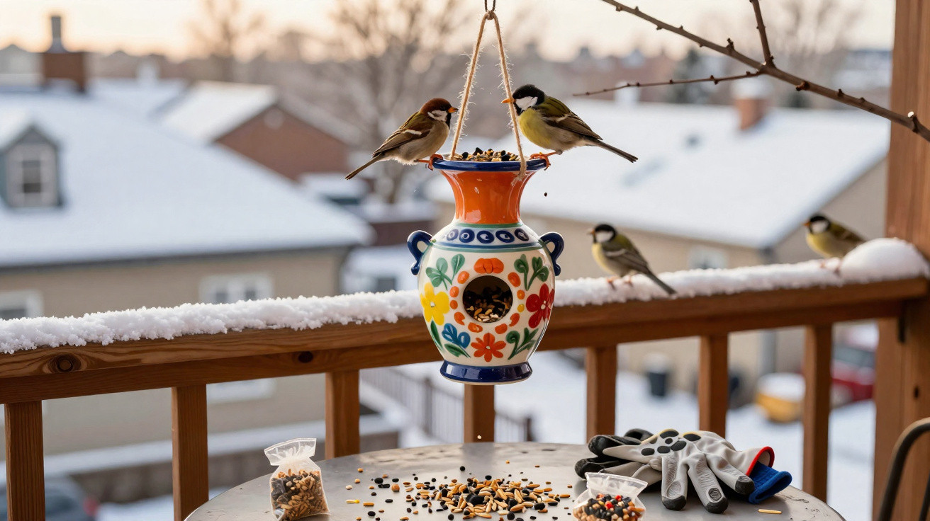 Vogelhäuschen aus Keramik mit bunten Blumen, mit Vögeln und Vogelfutter auf einem Schneebedeckten Balkon im Winter.