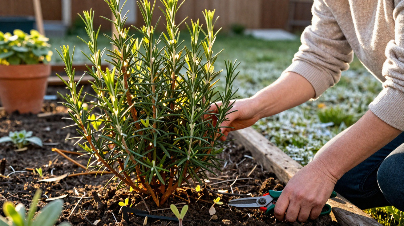 Person schneidet Rosmarinpflanze mit Gartenschere in einem Hochbeet bei sonnigem Wetter.