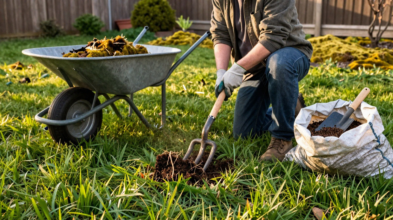 Person kniet im Garten und arbeitet mit Gartengabel, neben Schubkarre und Sack mit Blumenerde.