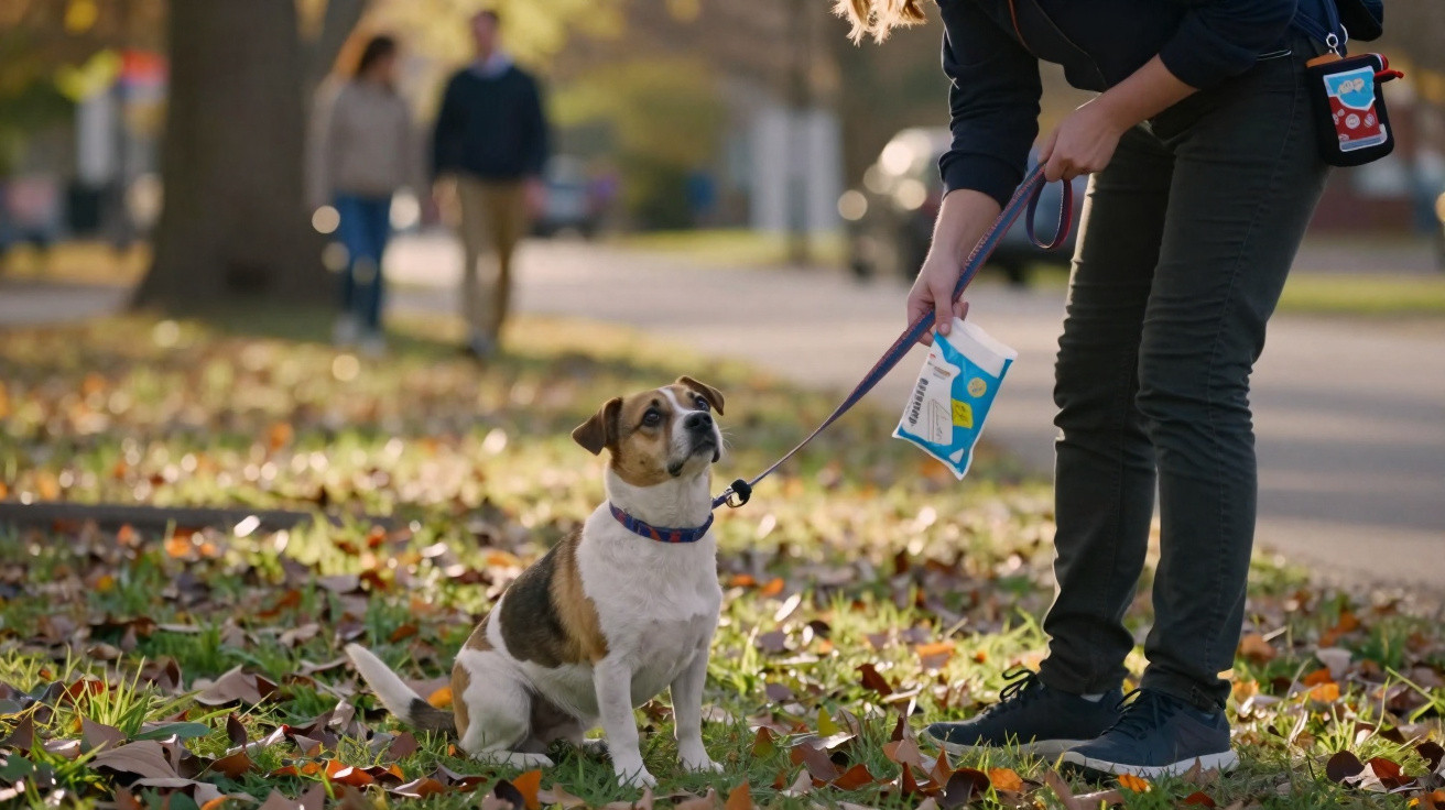 Frau füttert kleinen Hund an der Leine im Herbstpark, Herbstlaub bedeckt den Boden.