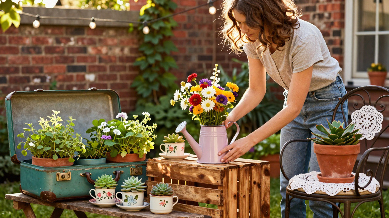 Frau gießt bunte Blumen in Gießkanne auf Terrasse mit Topfpflanzen und Vintage-Koffer.
