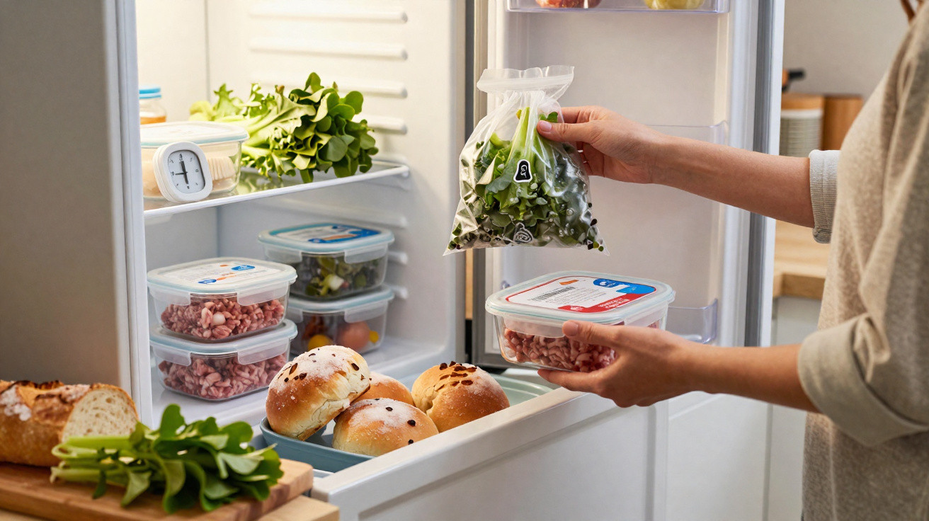 Person räumt frischen Spinat und Verpackungen mit Lebensmitteln in den Kühlschrank ein.