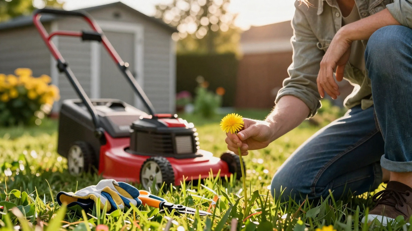 Person kniet im Gras, hält Löwenzahn, daneben Gartenhandschuhe, Heckenschere und Rasenmäher im Hintergrund.