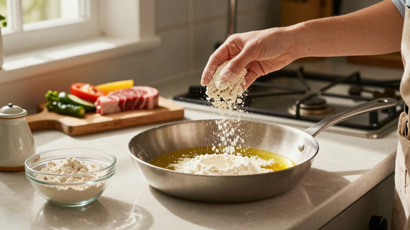 Hand streut Mehl in eine Pfanne mit Öl, im Hintergrund Gemüse und Fleisch auf Schneidebrett.