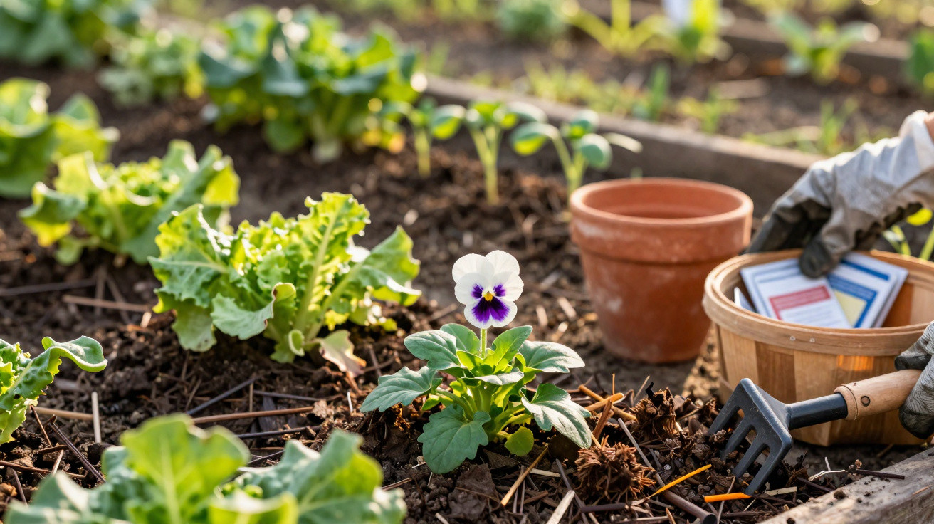 Blume und Salatpflanzen im Beet mit Gartengeräten und Tontopf bei Sonnenschein