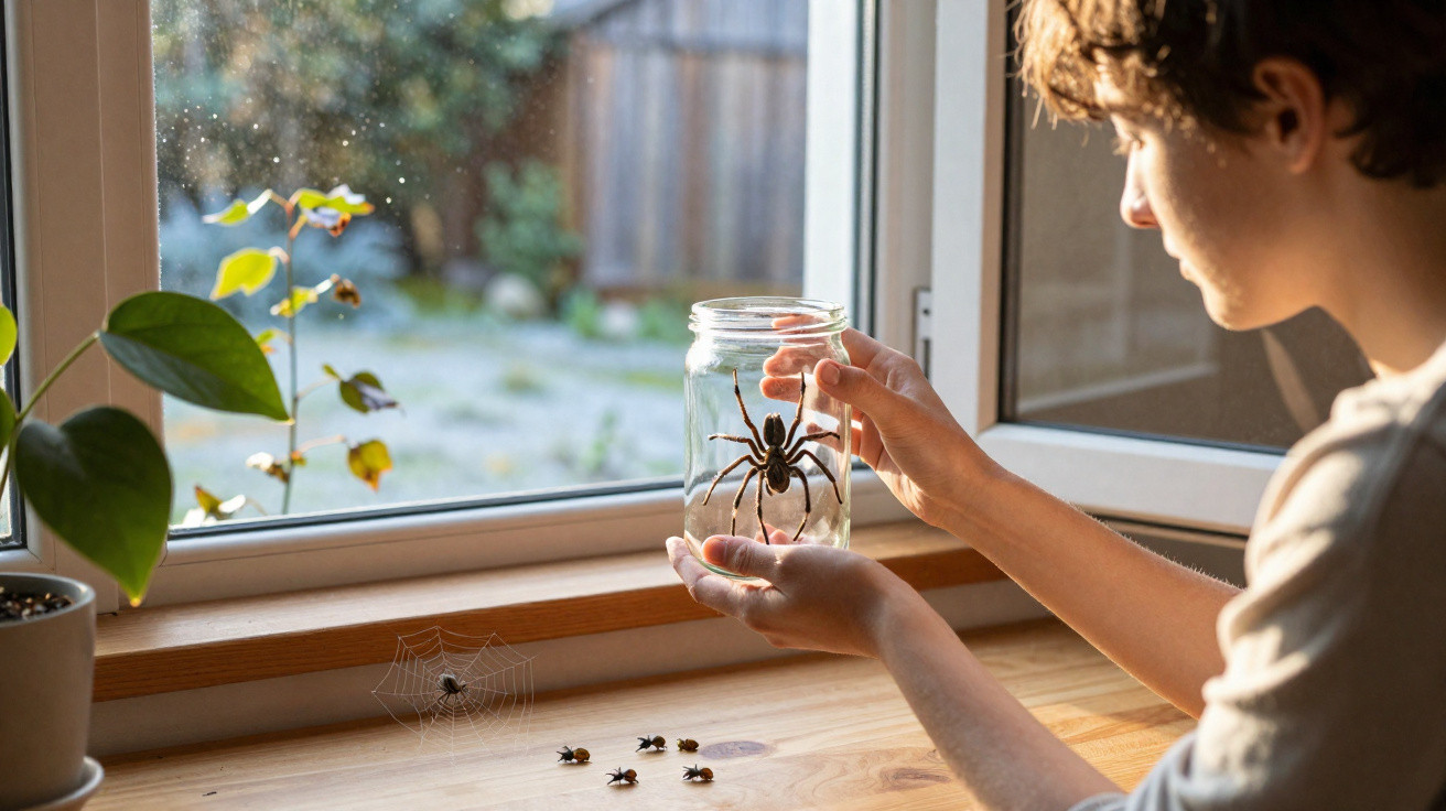 Junge hält Glas mit großer Spinne vor Fenster, Spinne auf Fensterbank und mehrere tote Insekten daneben.