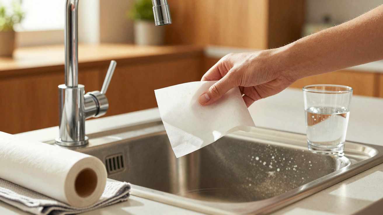 Hand wischt Spüle mit Papiertuch, in der Nähe Glas Wasser und Küchenrolle auf der Arbeitsplatte.