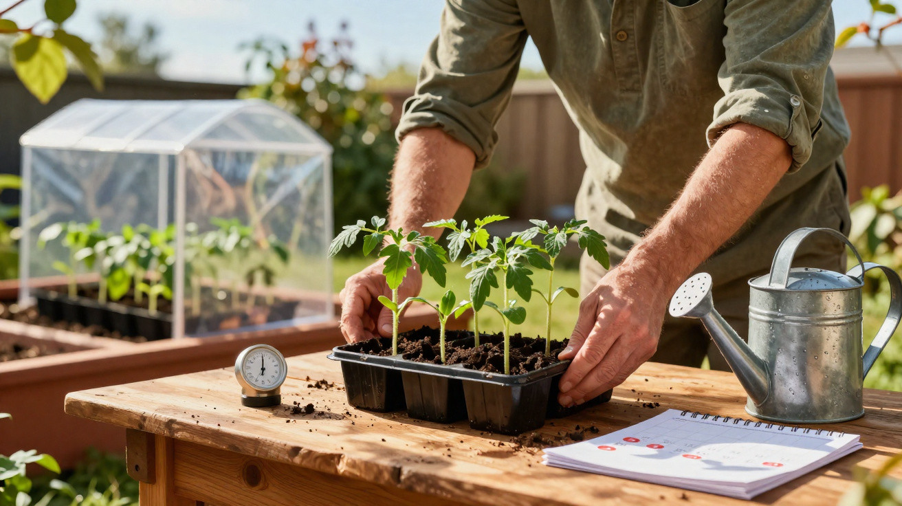 Person pflanzt Tomatensetzlinge in einem Garten bei Sonnenschein auf einem Holztisch.
