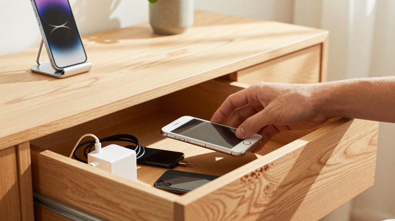 Hand legt Smartphone in geöffnete Holztischlade mit weiteren Handys und Ladegerät.