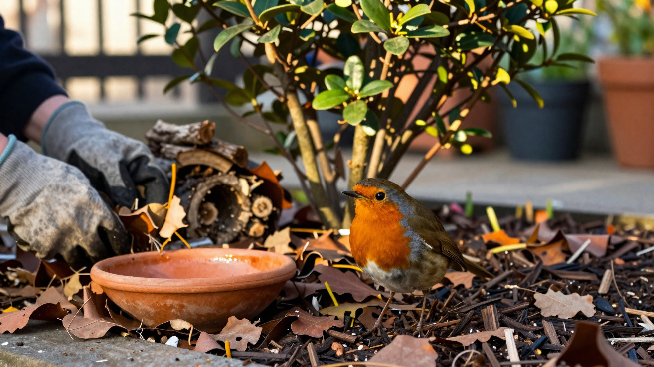 Ein Rotkehlchen sitzt im Garten neben einer Tonschale mit Vogelfutter und einer Person mit Handschuhen.