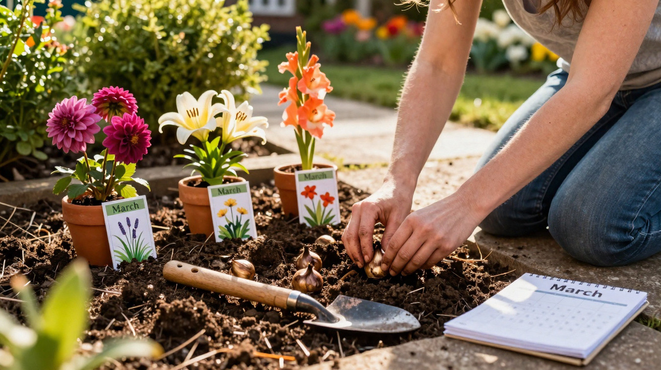 Frau pflanzt Blumenzwiebeln im Garten, neben Frühjahrsblumen und Kalenderblatt mit März-Monat.
