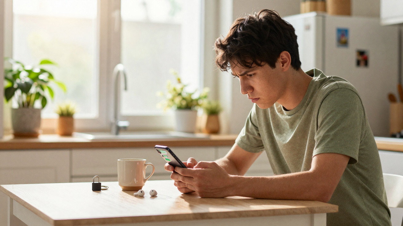 Junger Mann sitzt am Küchentisch und schaut konzentriert auf sein Smartphone.