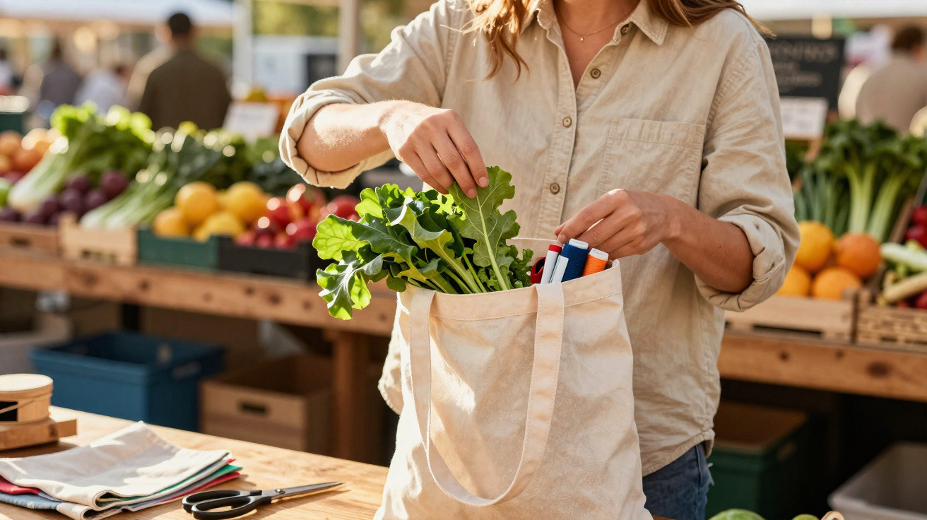 Frau legt frisches Gemüse in eine wiederverwendbare Einkaufstasche auf einem Marktstand.