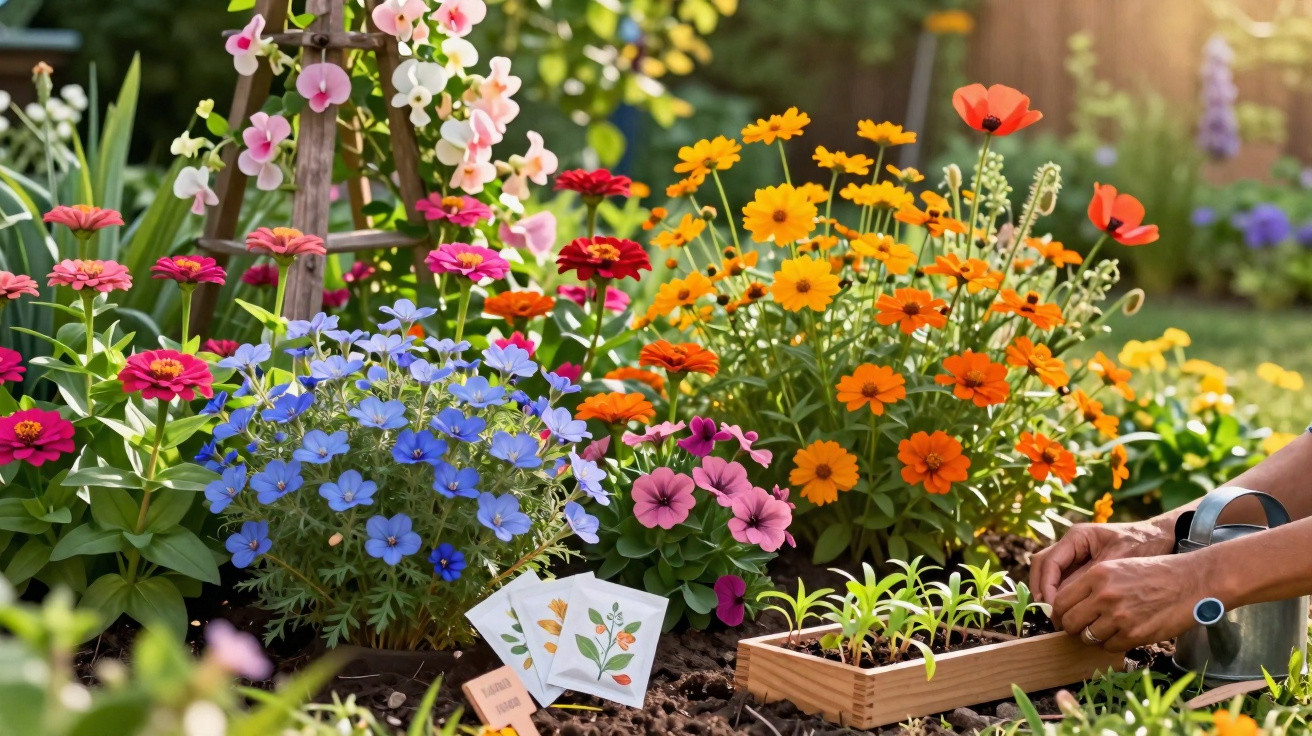 Bunte Blumen und Setzlinge in einem sonnigen Garten, Hände setzen junge Pflanzen in Erde.
