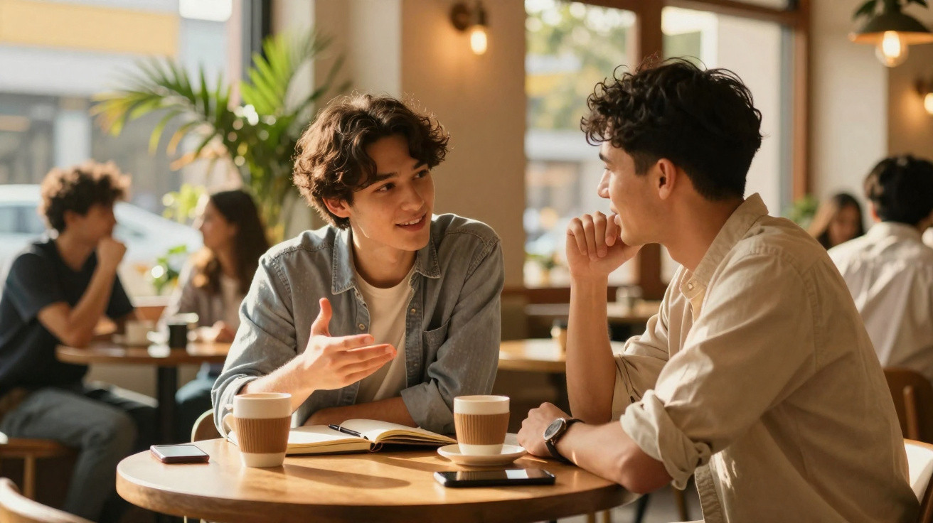 Zwei junge Männer unterhalten sich bei Kaffee an einem Holztisch in einem Café mit weiteren Gästen im Hintergrund.