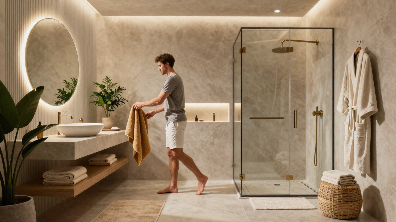 Moderner Mann faltet Handtuch im eleganten Badezimmer mit Glasdusche und indirekter Beleuchtung