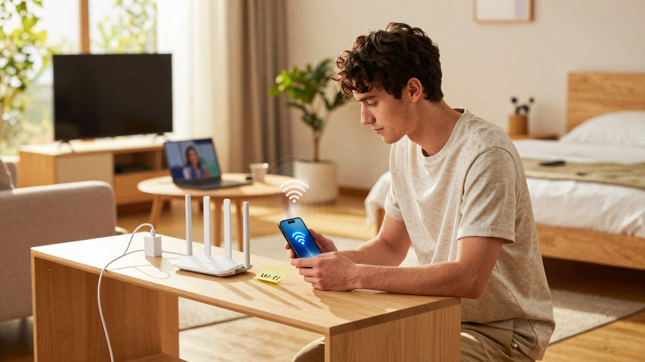 Junger Mann stellt WLAN-Router ein, nutzt Smartphone zum Verbinden, helle Wohnung im Hintergrund.