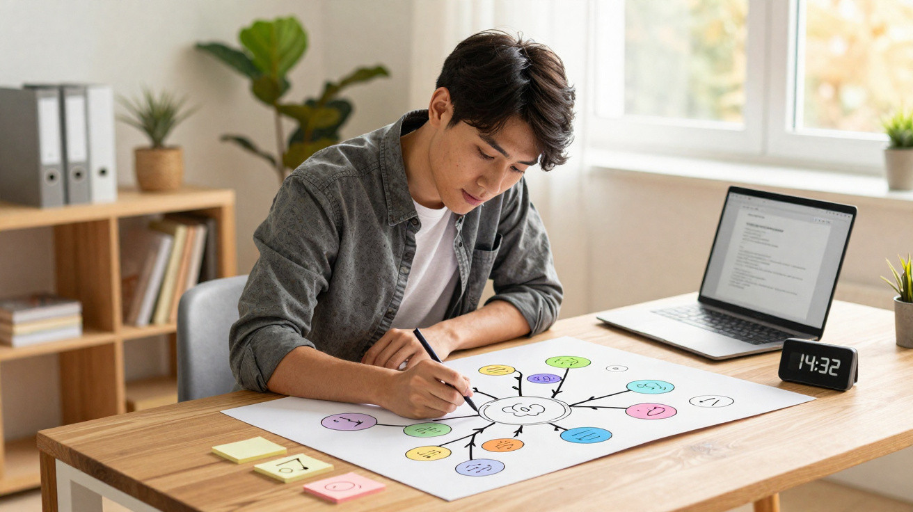 Junger Mann erstellt bunte Mindmap auf Papier am Schreibtisch mit Laptop und digitaler Uhr.