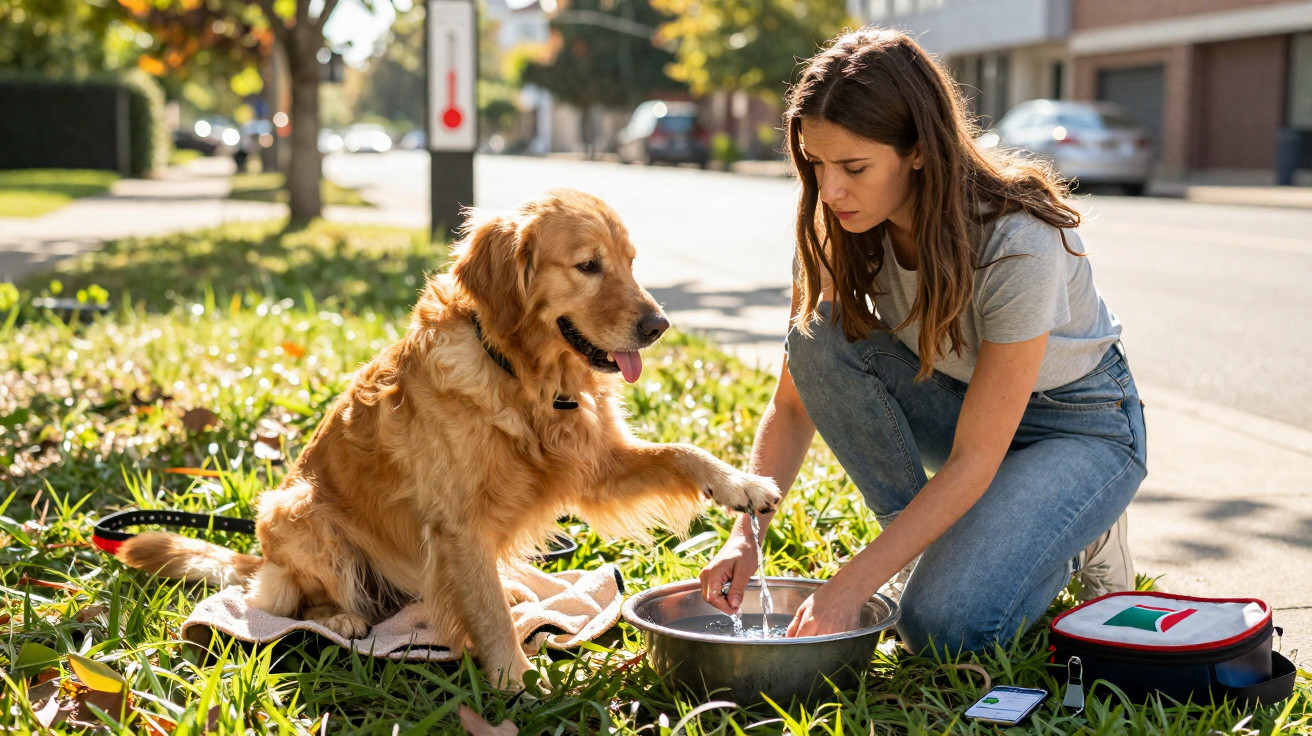 Frau kniet im Gras und wäscht die Pfote eines Golden Retrievers in einer Wasserschüssel bei sonnigem Wetter.