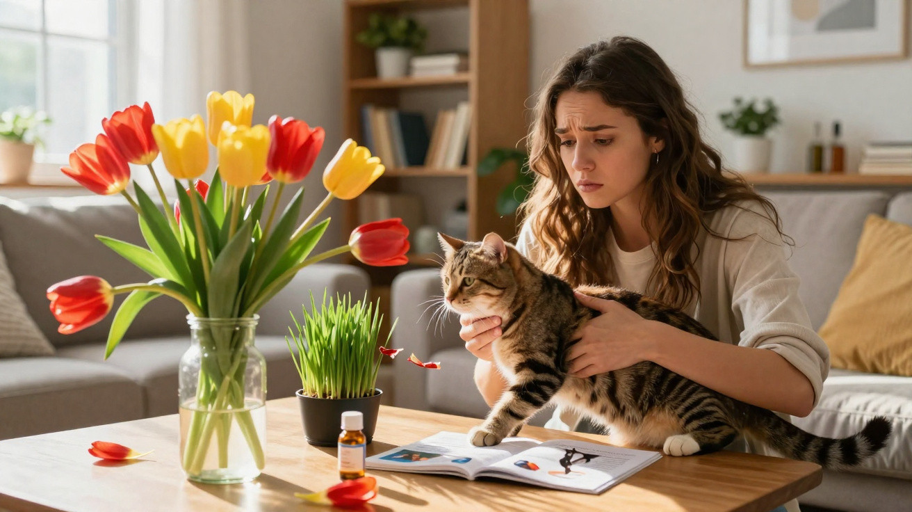 Junge Frau untersucht besorgt eine Katze auf dem Tisch neben Tulpen und Medizin in einer gemütlichen Wohnung.