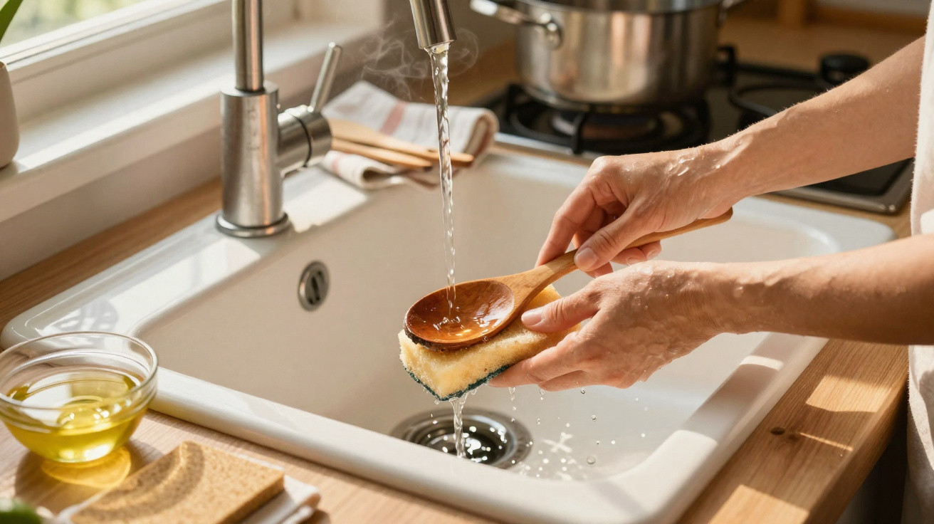 Person reinigt einen Holzlöffel mit Spülschwamm unter fließendem warmem Wasser in der Küchen Spüle.