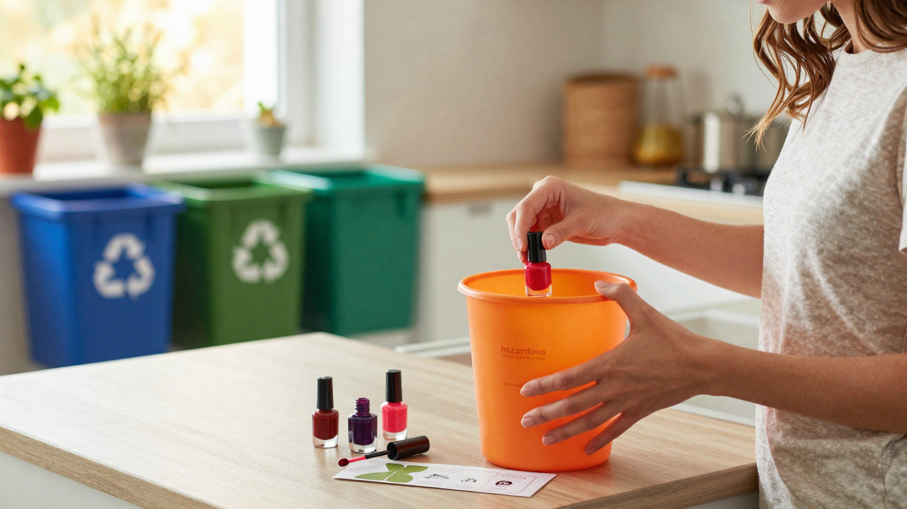Frau entsorgt Nagellackflaschen in einem orangefarbenen Abfallbehälter in der Küche, Recyclingbehälter im Hintergrund.