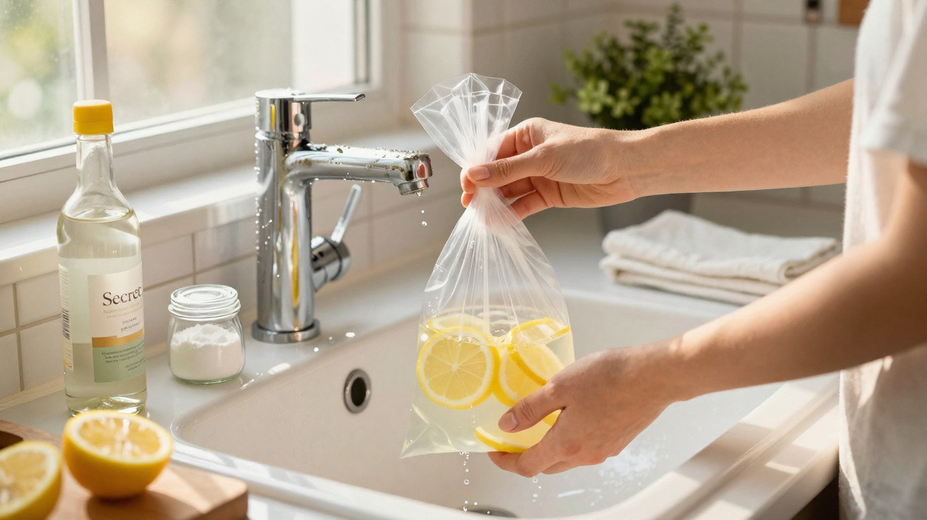 Person hält eine Plastiktüte mit Zitronenscheiben und Wasser über einem Küchenspülbecken.