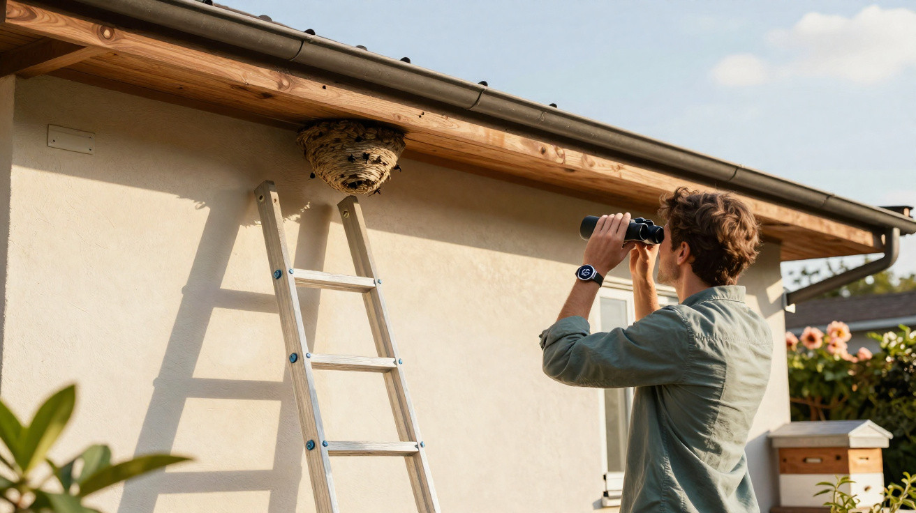 Mann untersucht mit Fernglas ein Wespennest unter dem Dachvorsprung eines Hauses neben einer Leiter.