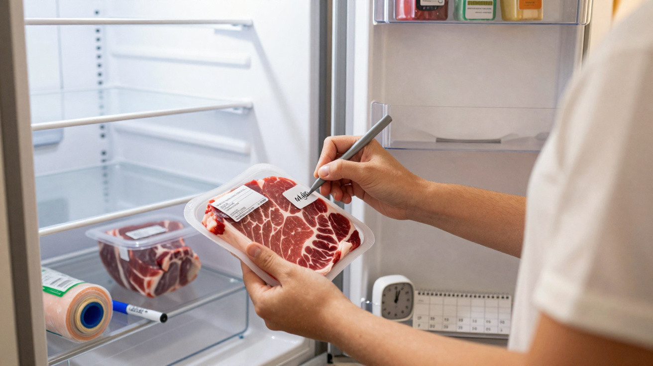 Person beschriftet rohes Fleischpaket vor dem Einlegen in den Kühlschrank.