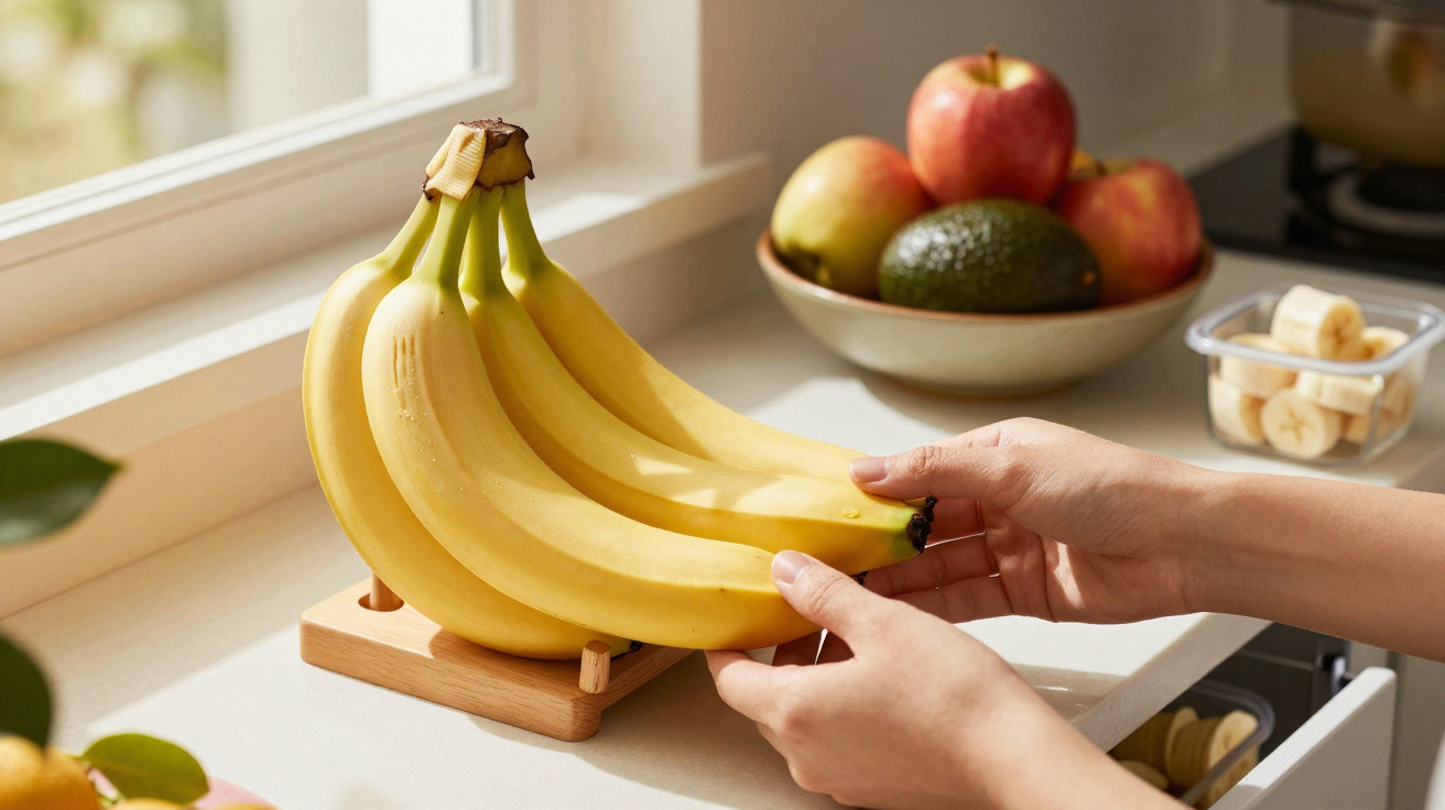 Nahaufnahme von Händen, die eine Bananenstaude auf einer Küchenarbeitsplatte neben Obstschale und Fenstern halten.
