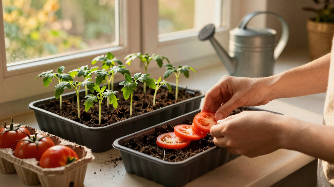 Hände pflanzen Tomatenscheiben in Erde, neben Setzlingen und Tomaten, Gartengießen im Hintergrund.
