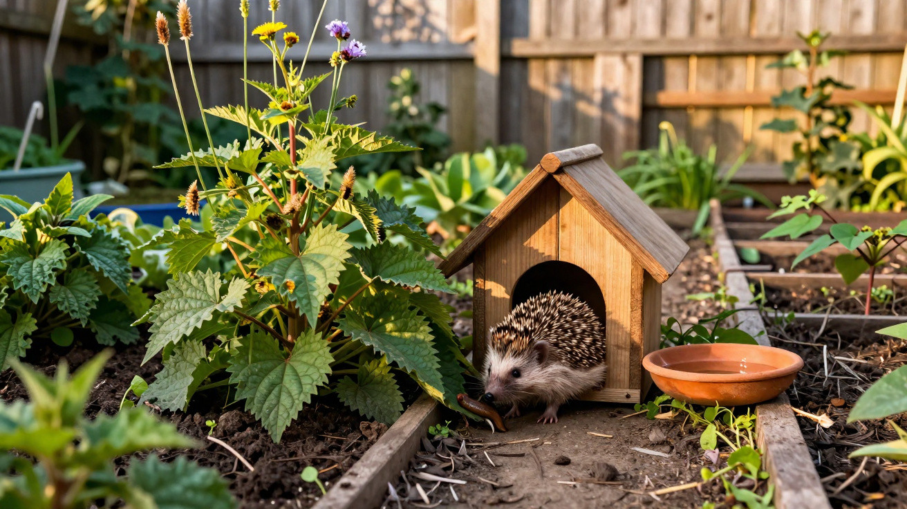 Igel vor kleinem Holzhaus im Garten, umgeben von Pflanzen und einem Wassernapf.