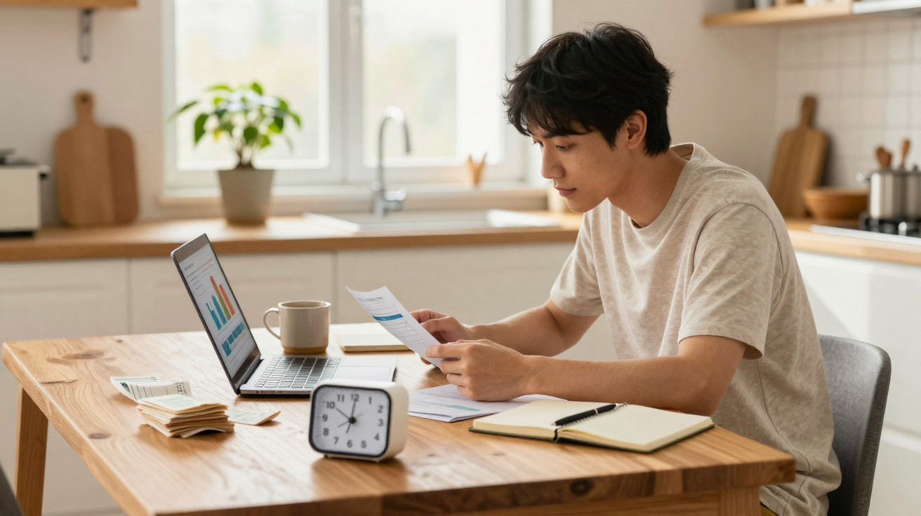 Junger Mann arbeitet zu Hause am Holztisch mit Laptop, Papieren, Notizbuch und Wecker morgens in der Küche.