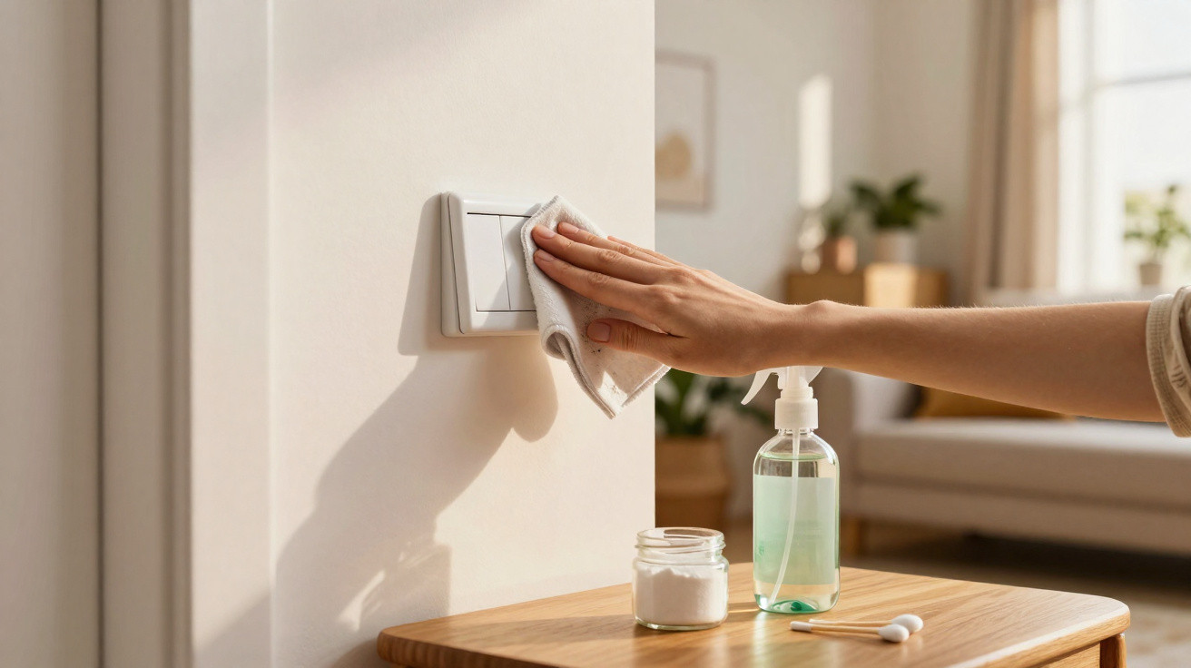 Hand wischt mit Tuch einen Lichtschalter an heller Wand in einem gemütlichen, sonnendurchfluteten Raum ab.