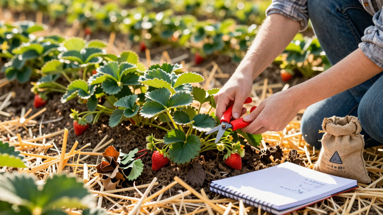 Person erntet Erdbeeren mit Schere in einem Beet, neben Notizblock und Samentütchen auf Strohboden.