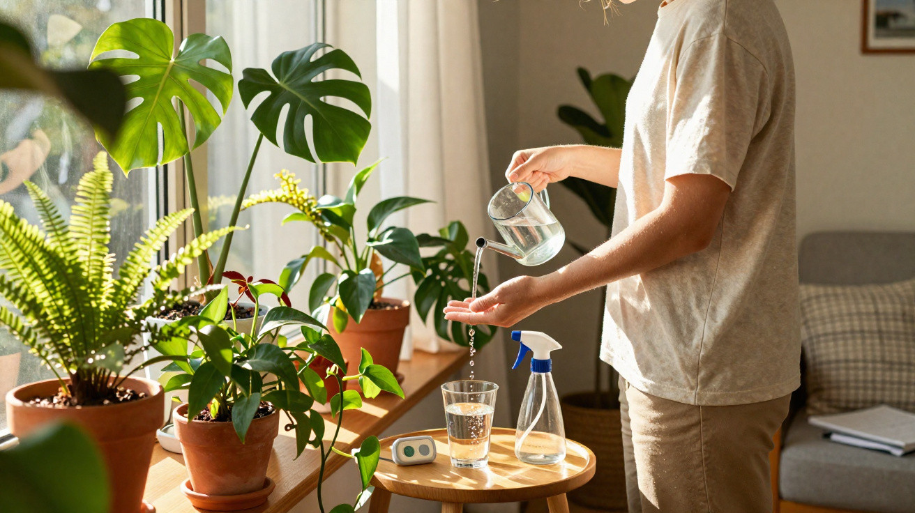 Person gießt Wasser auf ihre Hand, umgeben von verschiedenen Zimmerpflanzen auf Fensterbank und Tisch.