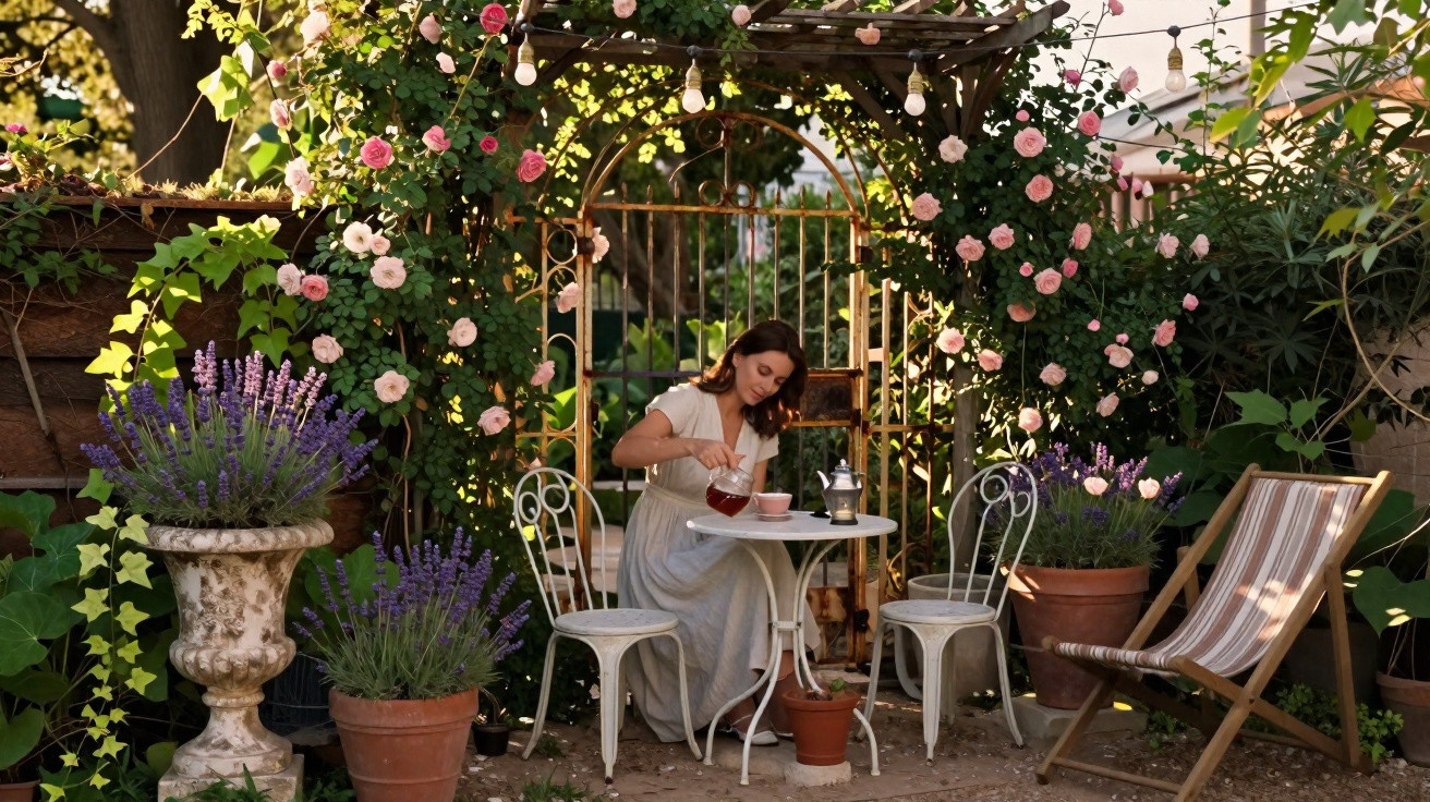 Frau in weißem Kleid sitzt an einem runden Tisch unter einem Rosenbogen und gießt Tee in einem blumigen Garten.
