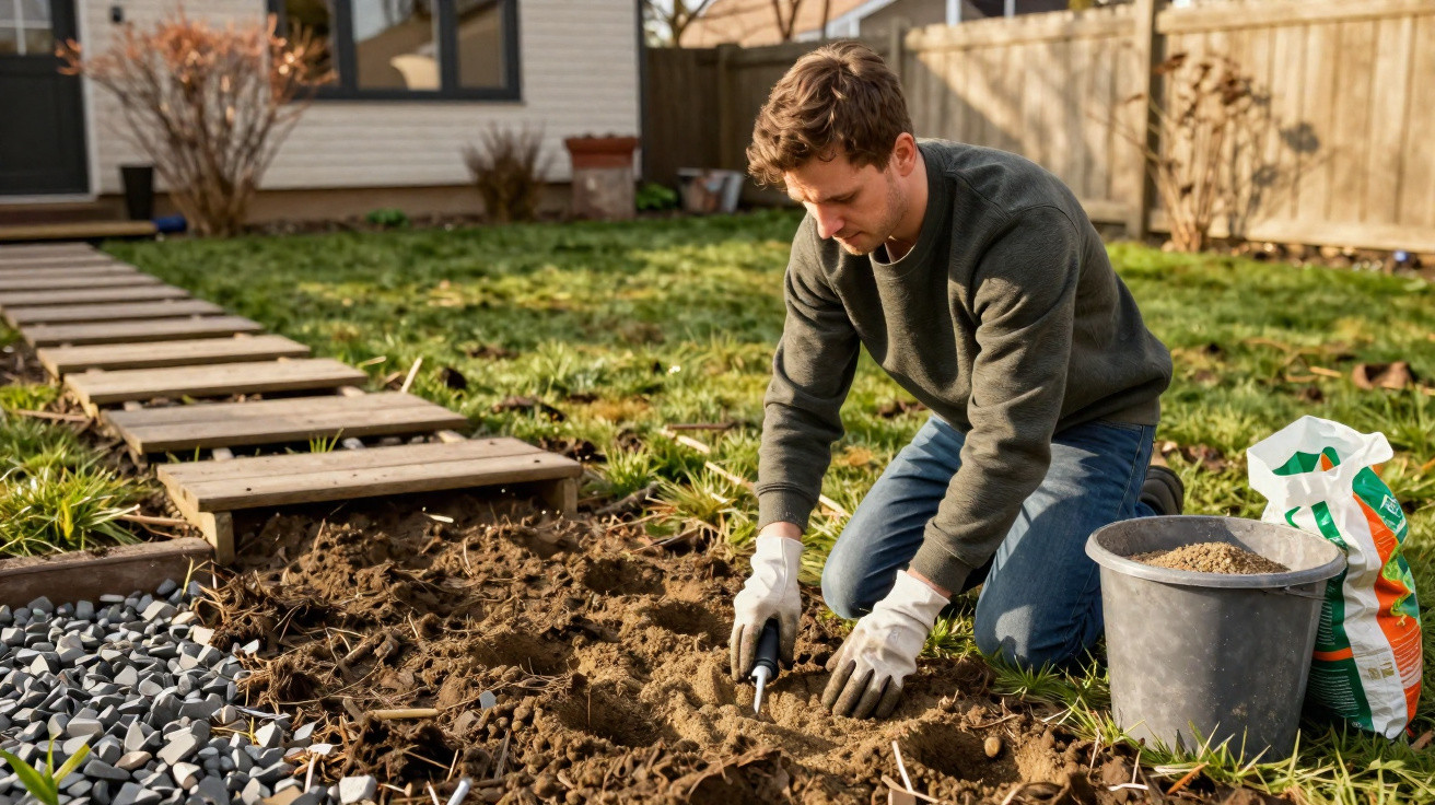 Mann kniet im Garten und pflanzt mit Handschuhen Setzlinge in vorbereitetes Erdbeet neben einem Kiesweg.