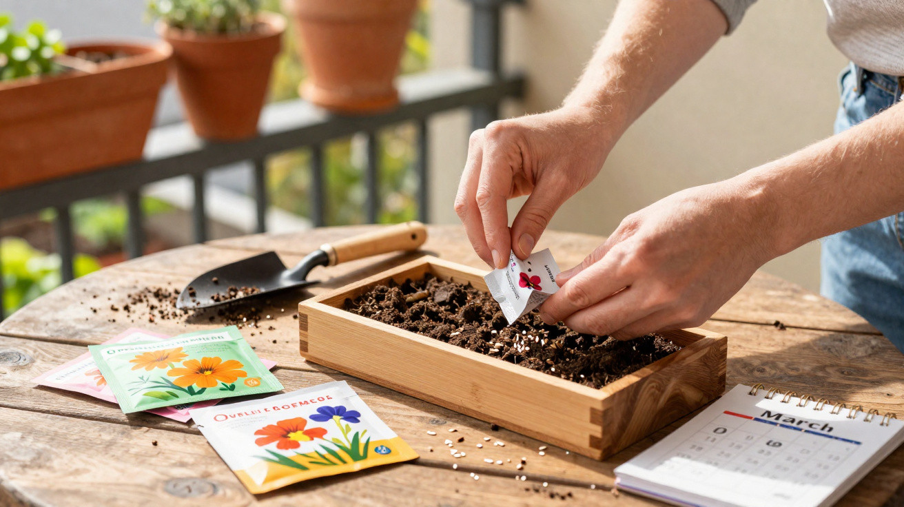 Person sät Blumensamen in einen Holzkasten auf einem Holztisch mit Saatgut und Kalender im Frühling.