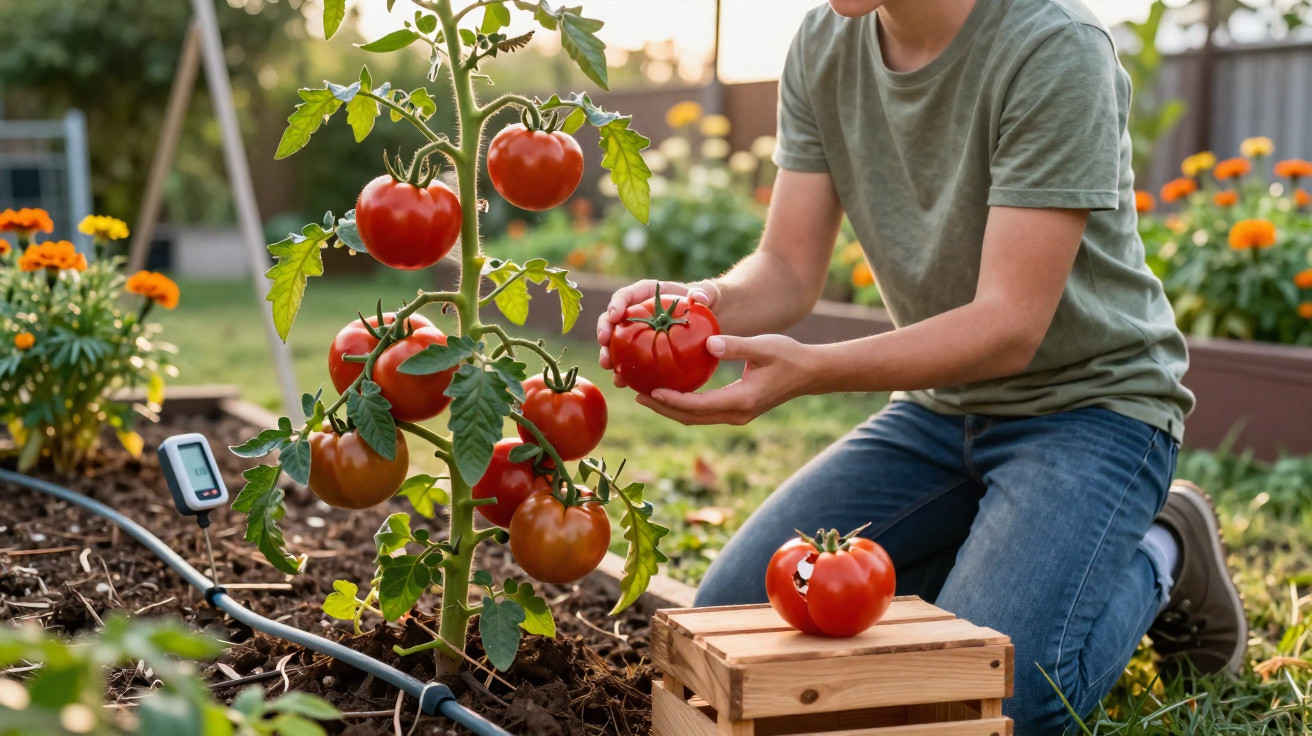 Person erntet reife Tomaten an einer Tomatenpflanze im Garten bei Sonnenuntergang.